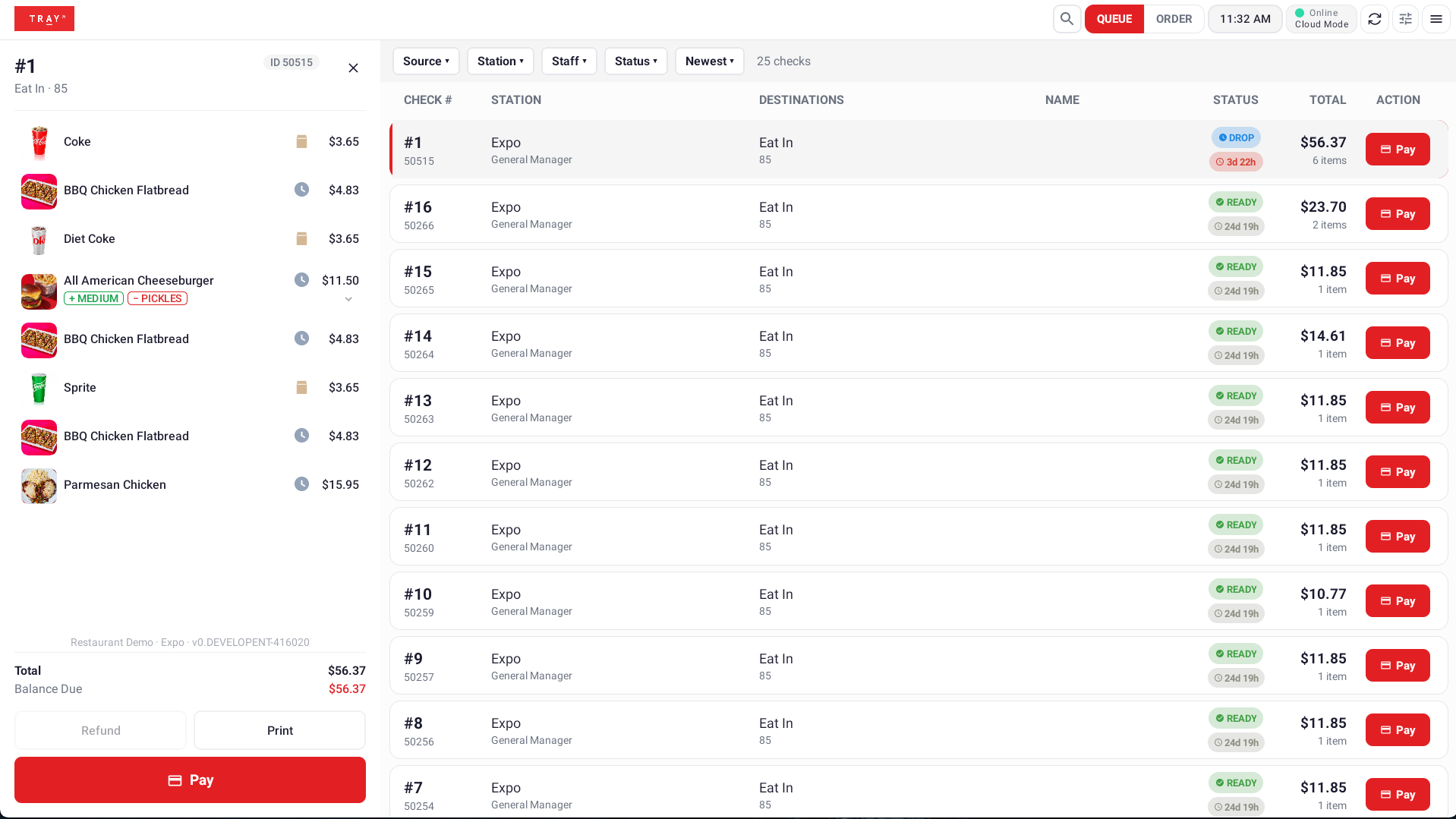 TRAY Modern Look checks screen showing check details and open checks