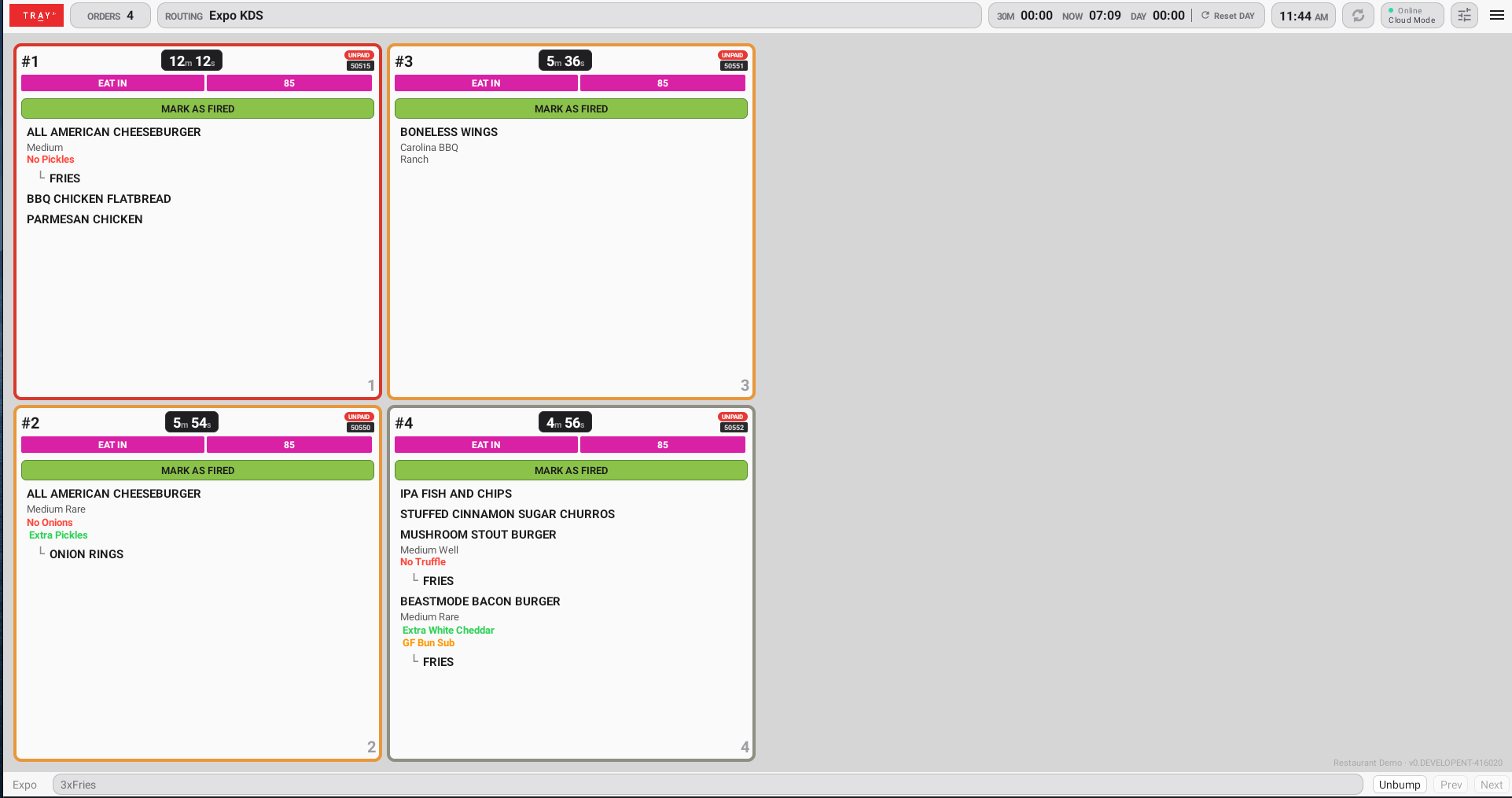TRAY Modern KDS light mode with multiple active order cards